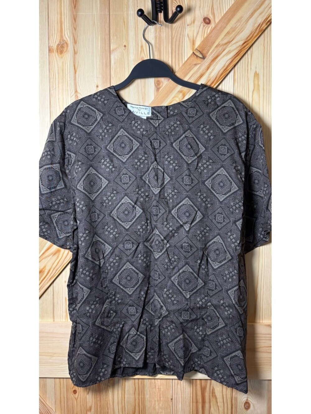 Rena Rowan for Saville Women's Rayon Blouse Size 14 Brown Geometric Print